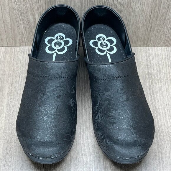 Sanita Shoes Womens Sz 38 Tooled Leather The Original Danish Clogs Slip On Black - Picture 3 of 13